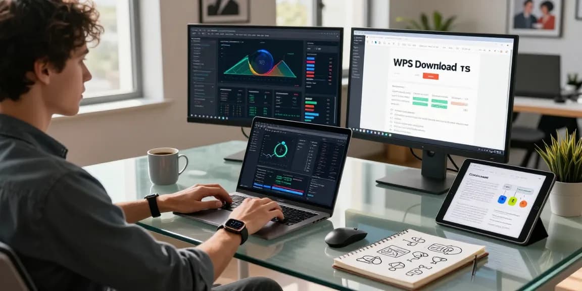 Tech professional utilizing WPS Download webpage at modern workspace, showcasing productivity tools and a collaborative environment.