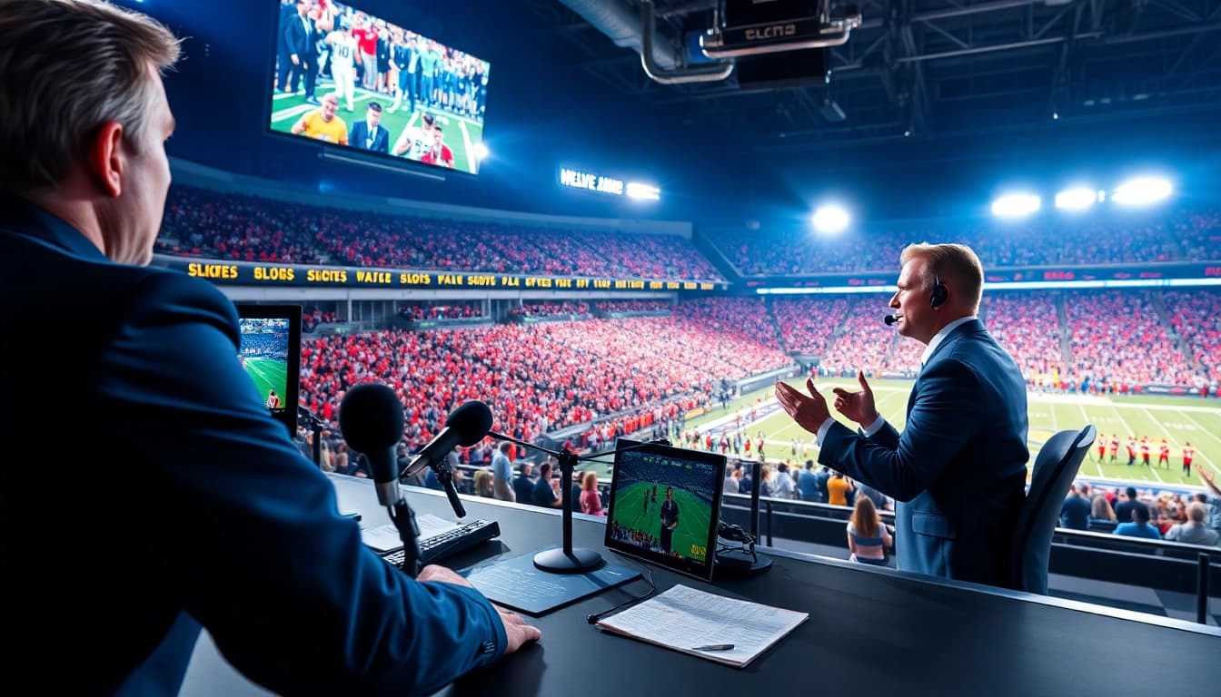 Engaging sports broadcasting setup featuring an announcer and thrilling game visuals.