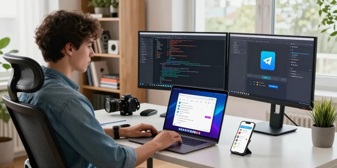 Engaging workspace featuring Telegram Web Version on a laptop screen, promoting efficient digital communication.