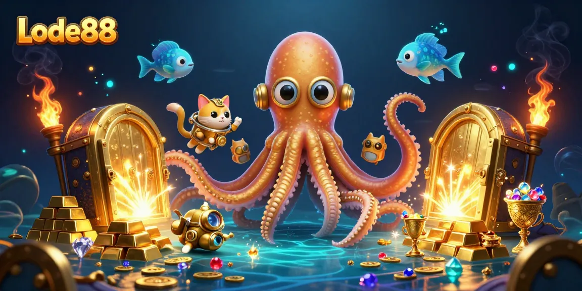 Experience winning moments in Lode88 with a colossal kraken and diving cat in a treasure-filled scene.