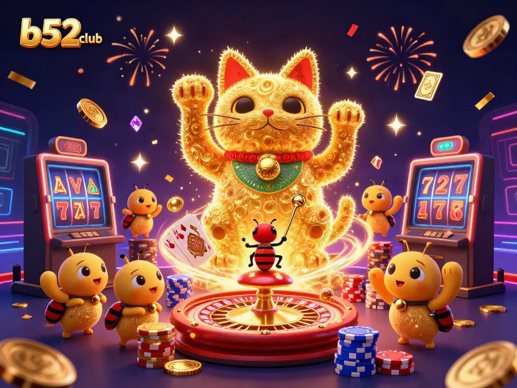 Experience vibrant gameplay with b52club's giant lucky cat and dynamic casino symbols.
