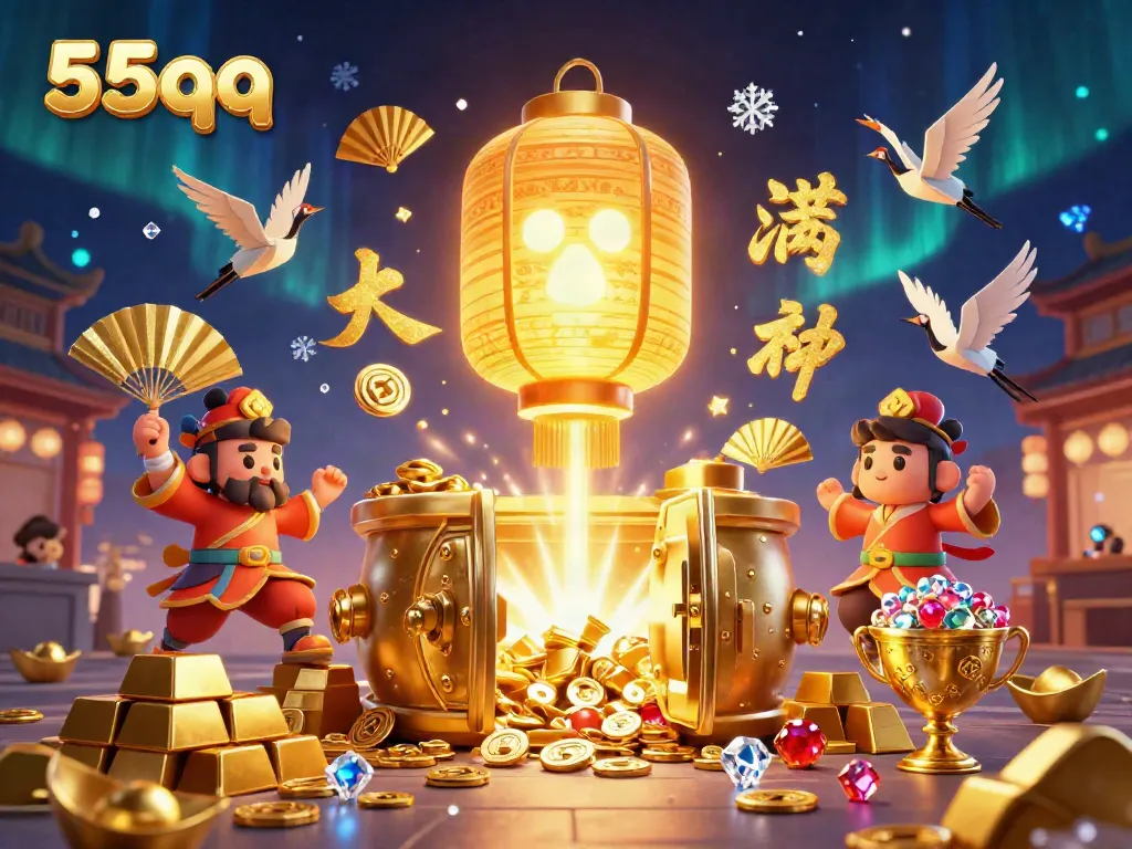 Experience the excitement with 55qq as the golden lantern spirit illuminates a treasure-filled casino scene.