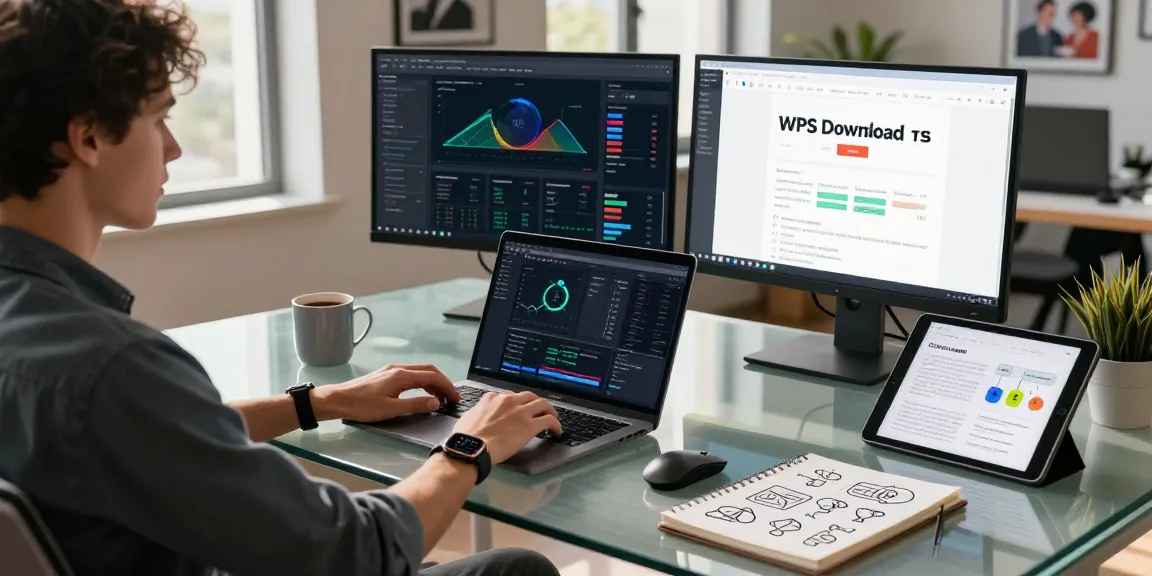 Tech professional utilizing WPS Download webpage at modern workspace, showcasing productivity tools and a collaborative environment.