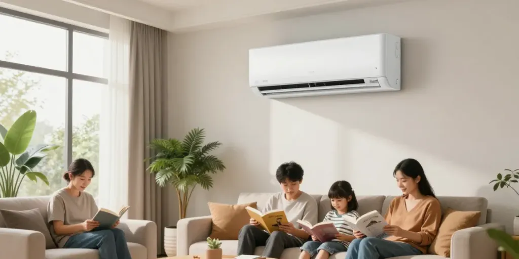 Moderne Klimaanlage im Wohnzimmer sorgt für angenehmes Raumklima im Haus Schweiz.