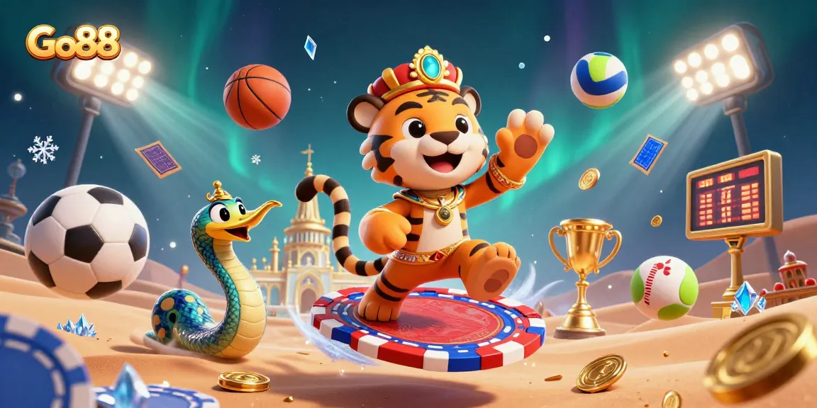 Experience Go88 with our vibrant tiger sultan on a poker chip carpet, surrounded by lively casino elements.