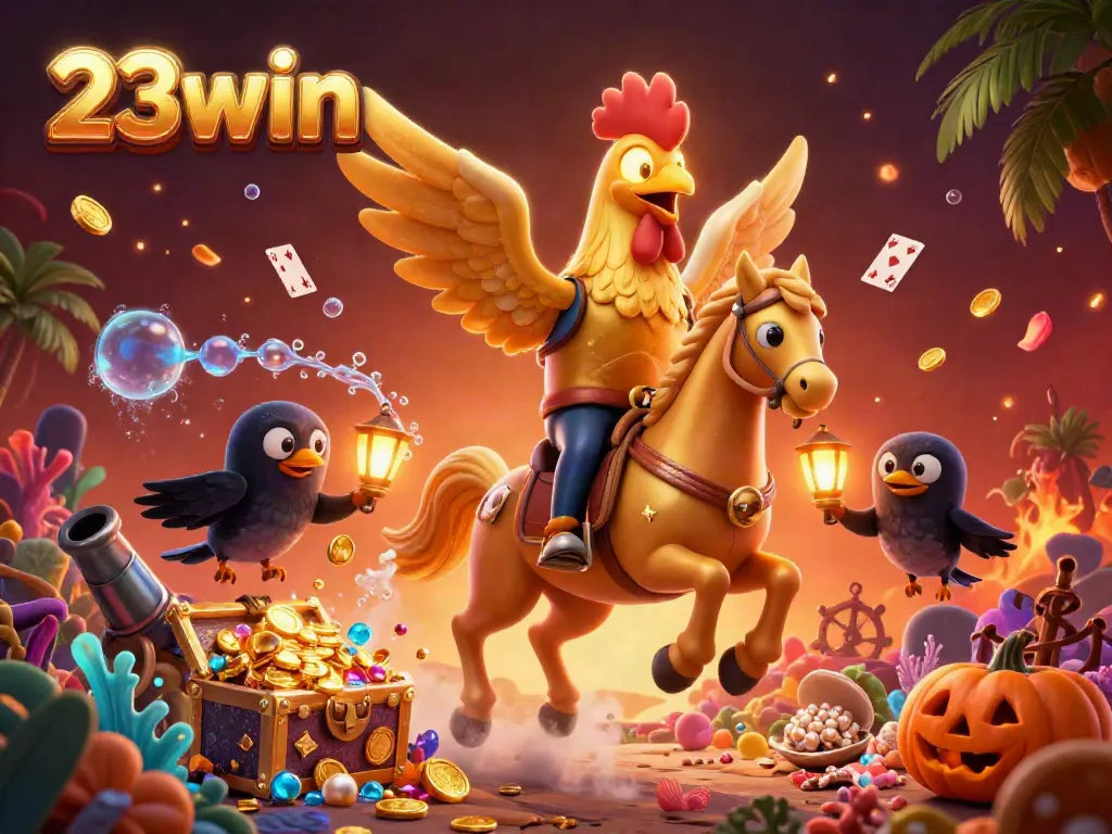 Experience the vibrant dynamics of 23win with a golden rooster and his companions in an exciting casino setting.