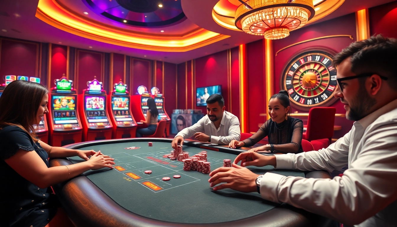 MM88 gaming experience with poker tables, vibrant slot machines, and roulette wheel.