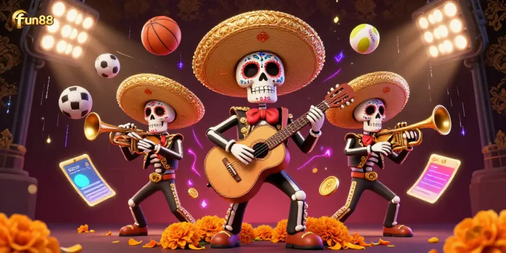Experience fun88's vibrant action with a lively mariachi band, sports games, and dynamic betting elements.
