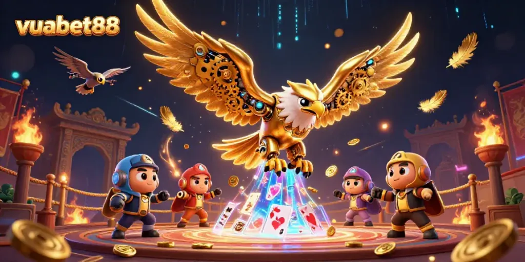 Experience thrilling gameplay at vuabet88 with a vibrant scene of a cybernetic eagle amidst casino excitement.
