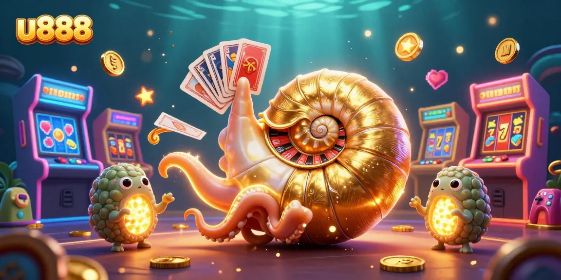 Spin the vibrant reels at u888 casino, featuring a giant nautilus holding cards and glowing elements.