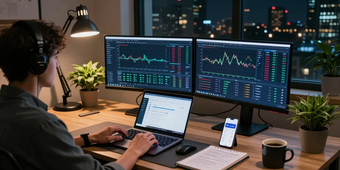 Flingeverx platform crypto trading setup with screens showing Bitcoin charts and DeFi analytics, modern tech workspace