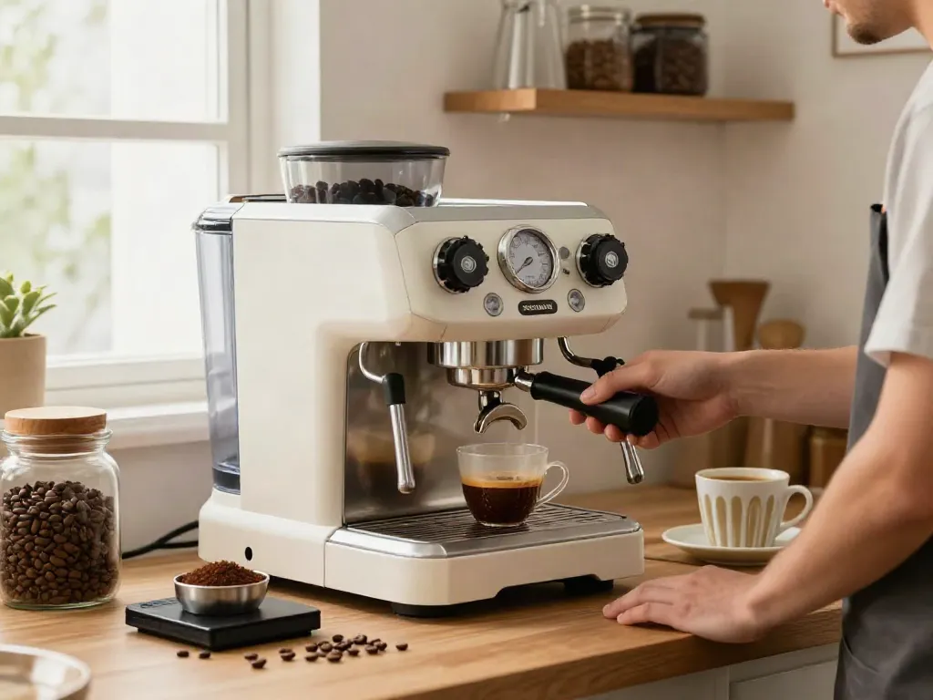 Barista using a ROKOK88 espresso machine to brew coffee in a modern kitchen.