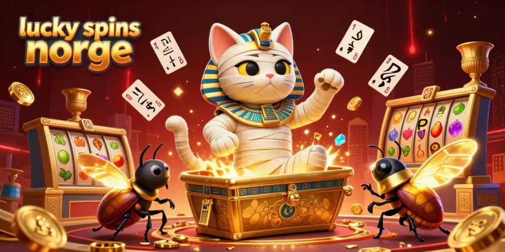 Engage with lucky spins norge through exciting slots and jackpots in a vibrant, animated casino scene.
