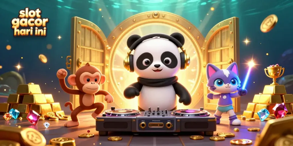 Menangkan jackpot di slot gacor hari ini dengan ilustrasi DJ panda dan karakter ceria lainnya.