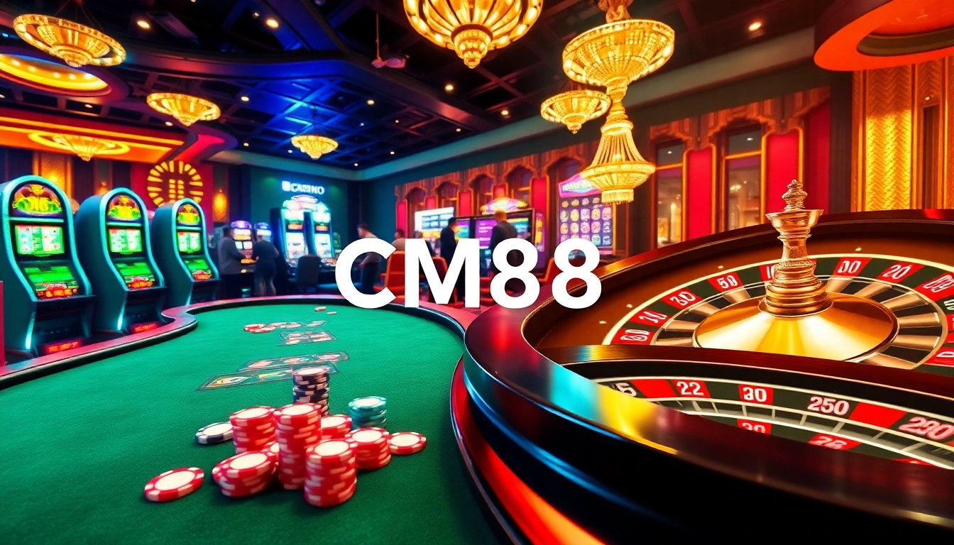 Exciting casino scene showcasing CM88 gaming tables and slot machines filled with players.