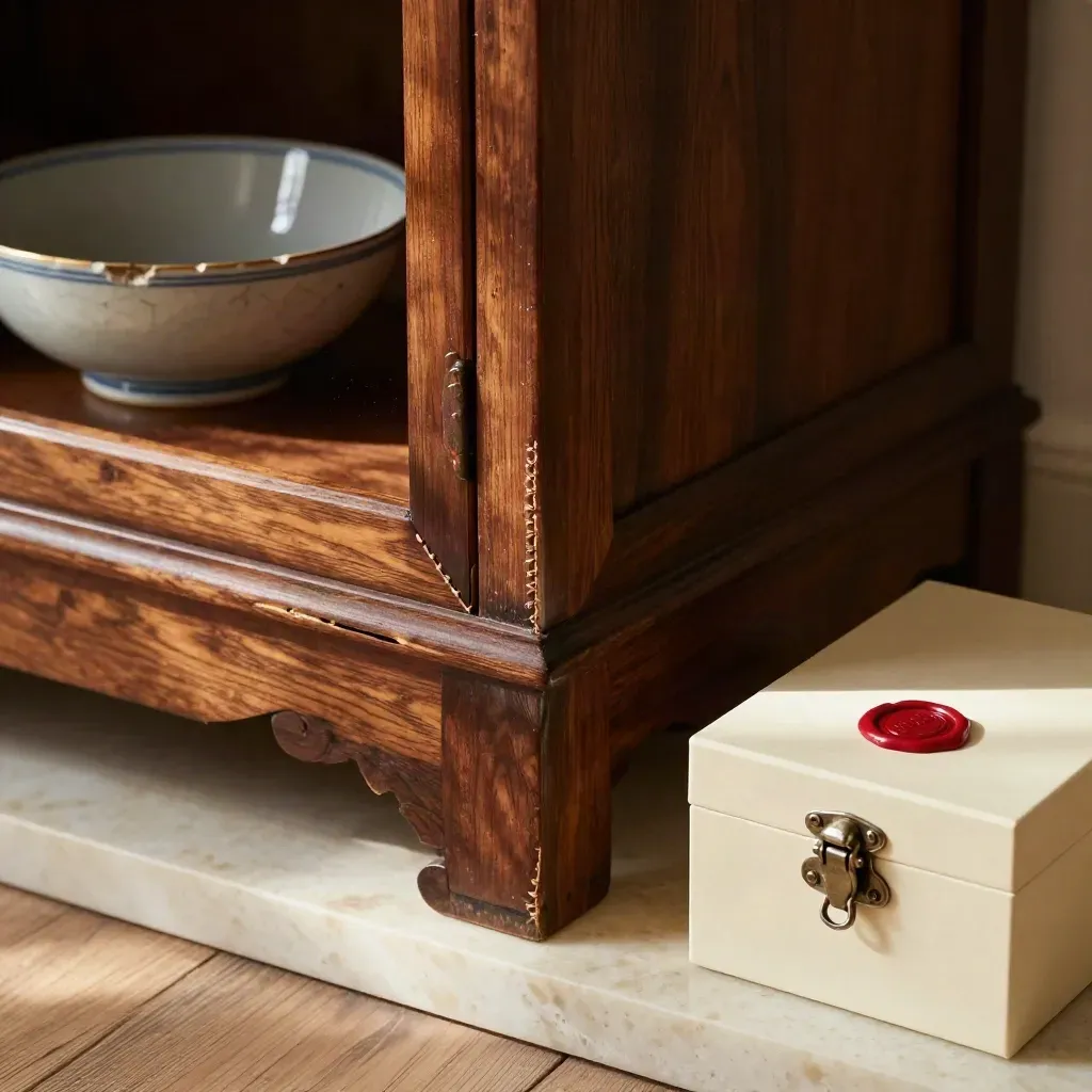 Antiker Nussbaum-Schrank mit Reparaturkante, Porzellanscherben und versiegelter Beweisbox.