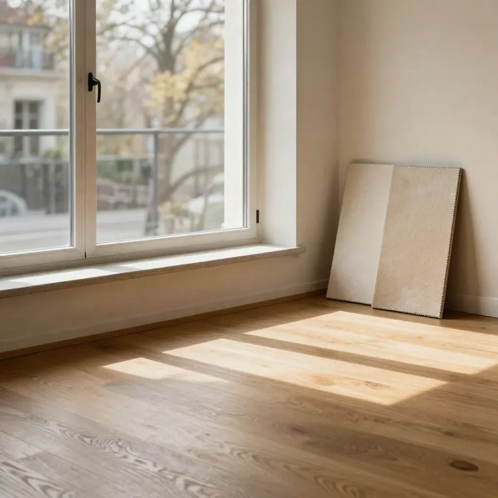 Leere Eigentumswohnung mit Eichenboden, Kalkputz, Fensterfront und zwei Stoffproben im Sonnenlicht.
