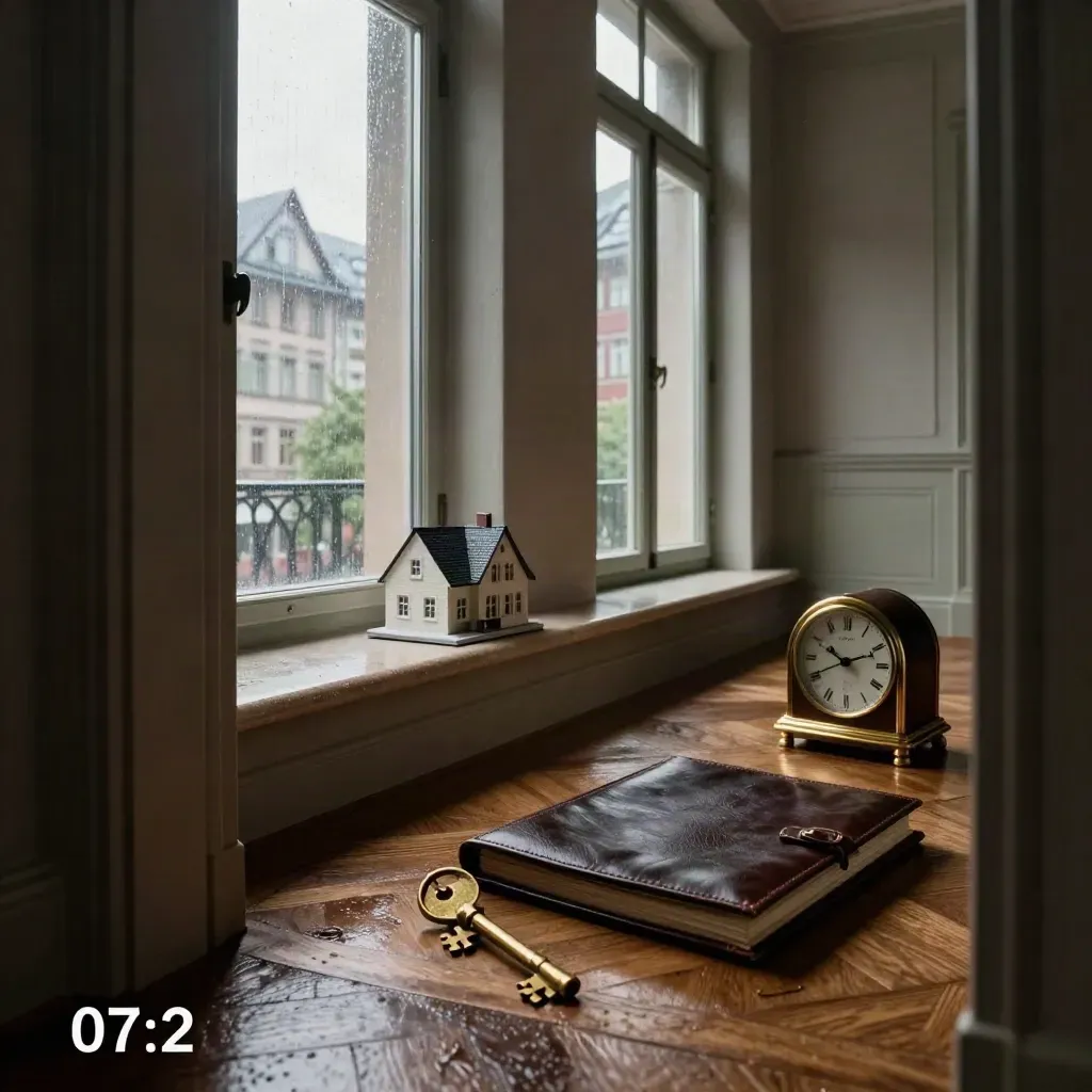 Zürcher Altbau-Suite mit Hausmodell, Ledermappe, Messingschlüssel und Morgenlicht.