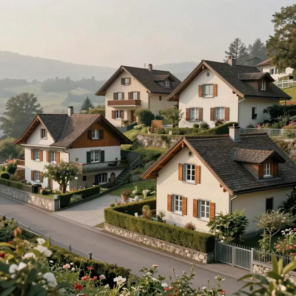 Vier Schweizer Hausfassaden mit Gärten, Hecken und Talnebel in ruhiger Nachbarschaft.