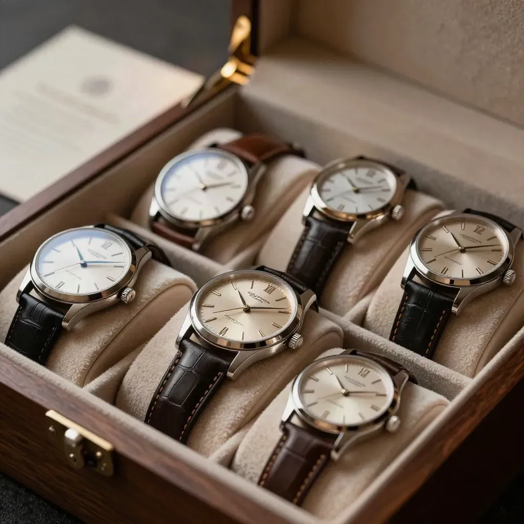 Offene Uhrenbox mit mehreren Armbanduhren im goldenen Streiflicht.