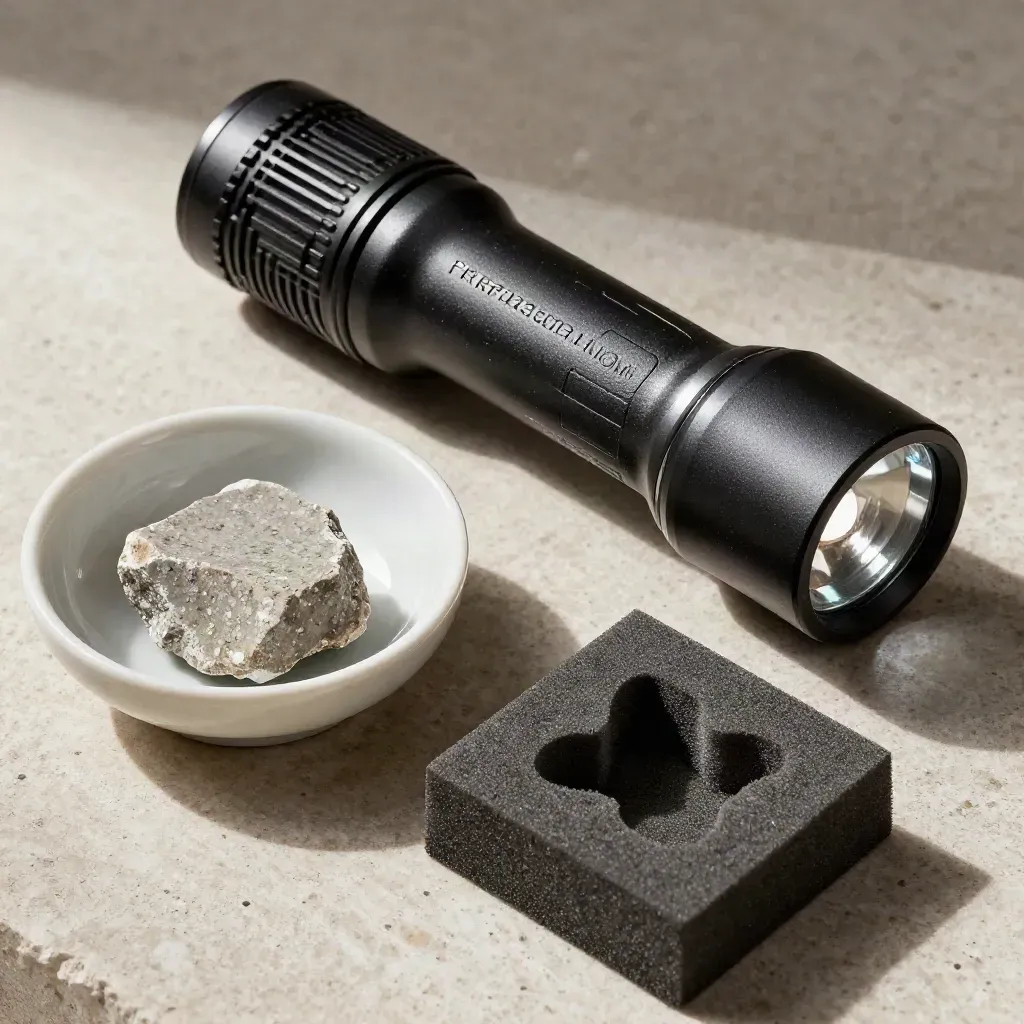 Prüftaschenlampe, Steinschale und Schaumstoffeinlage im hellen Makrolicht