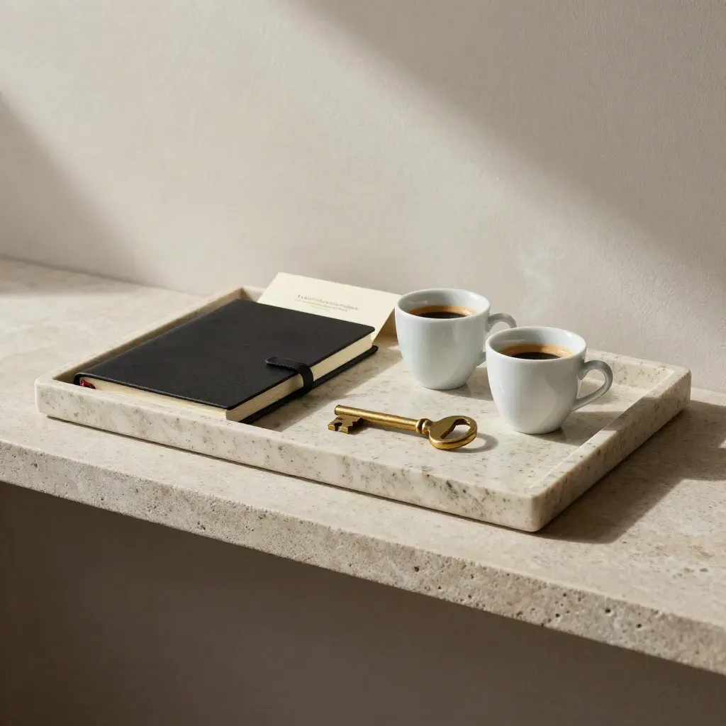 Notizbuch, Espressotassen und Messingschlüssel auf Travertin, warm und edel