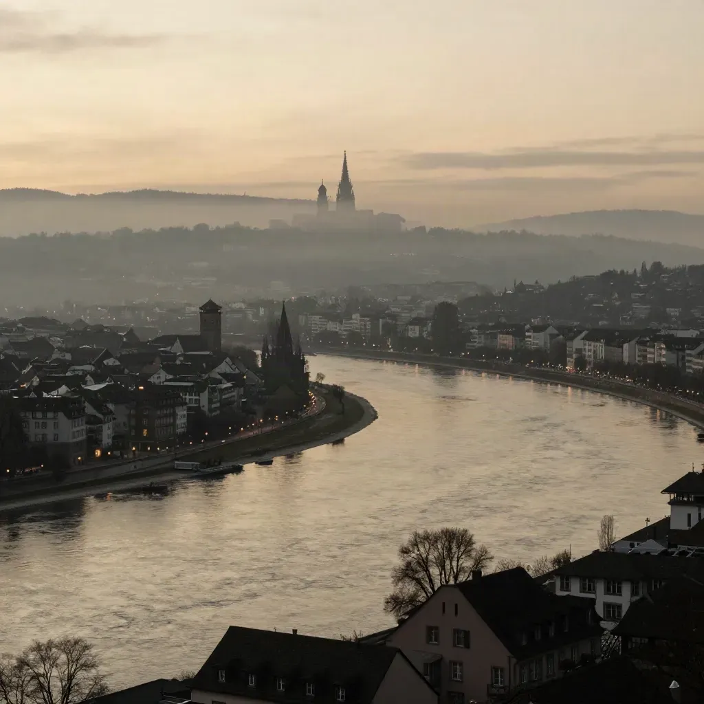 Basel am Rhein im Abenddunst, Münster-Silhouette hoch im Bild, ruhiger Fluss unten.