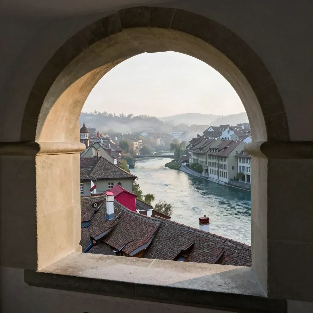 Blick durch ein Steinfenster auf Berns Altstadt und die Aare im Abenddunst