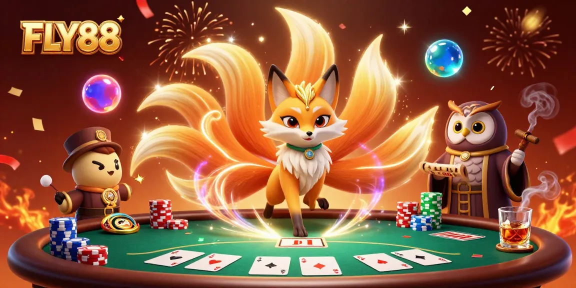 Experience thrilling gameplay with FLY88's vibrant casino scene featuring colorful characters and poker action.