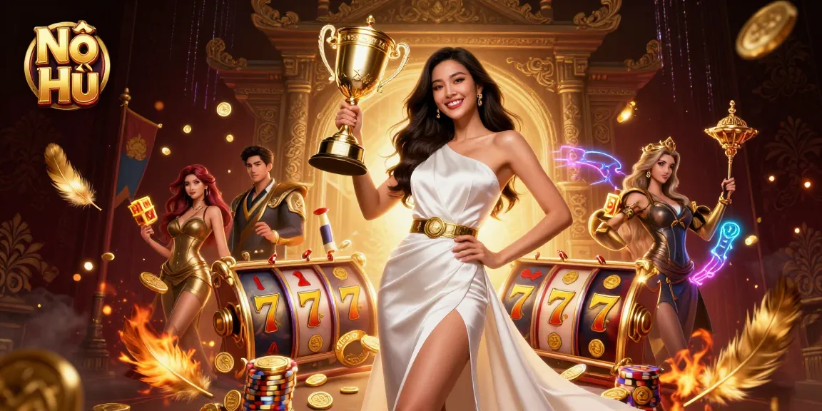 Nổ Hũ spins the reels to unveil thrilling jackpots in an energetic casino scene.