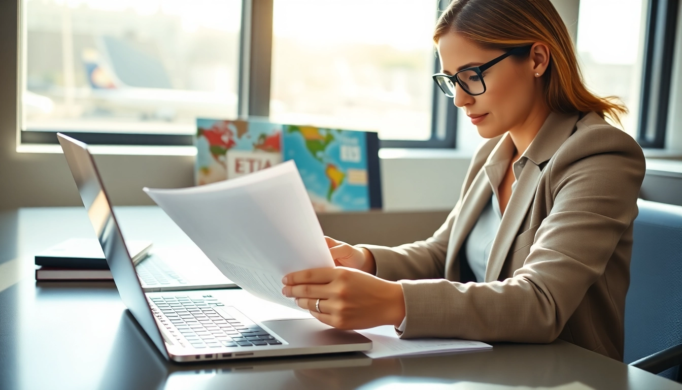 Person preparing for the eta application uk with travel documents at a stylish desk.