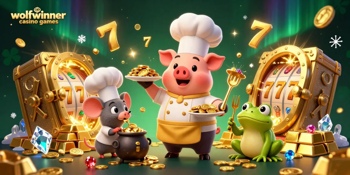 Engage with wolfwinner casino games in this vibrant scene featuring a gourmet pig chef and gold treasures.