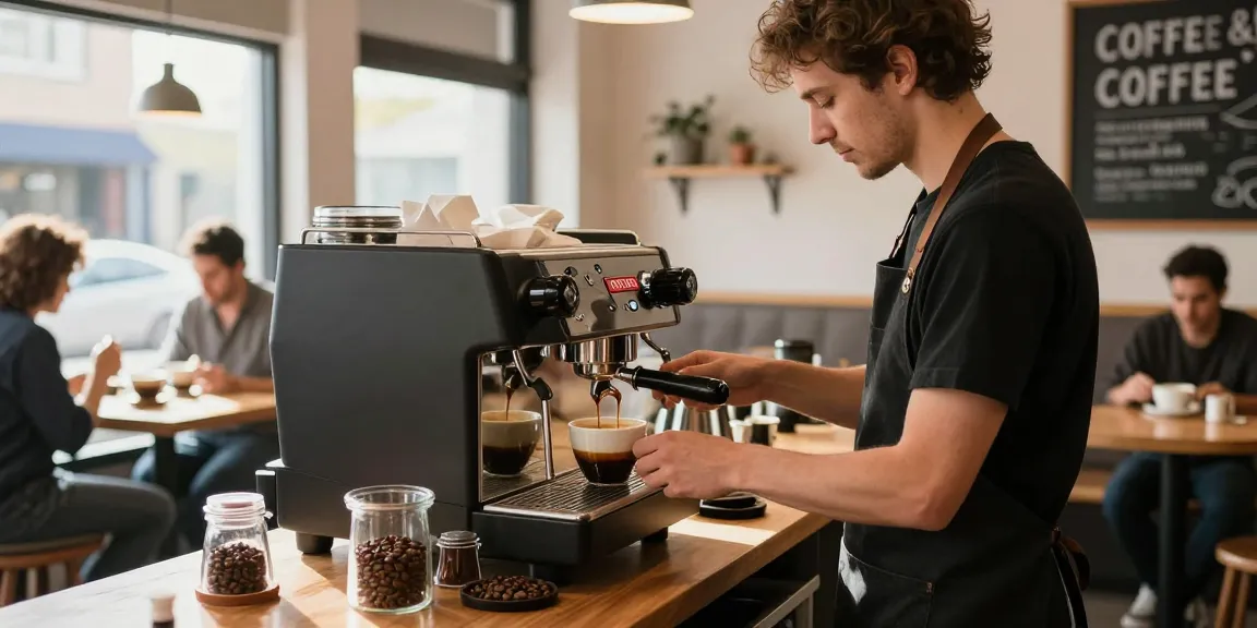 ROKOK88 espresso machine brewing rich coffee in a vibrant café.