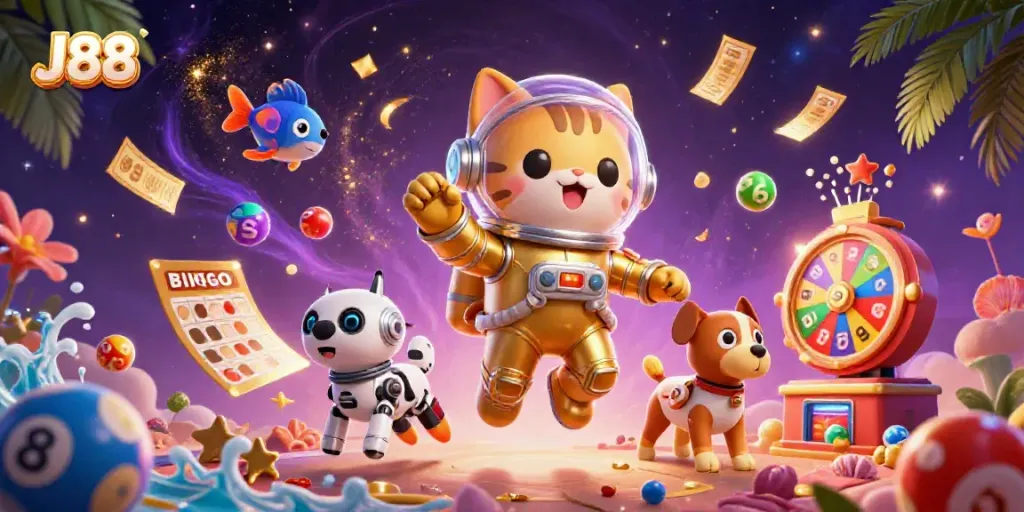 Engage with J88's fun lottery games amid vibrant visuals of floating characters and dynamic elements.