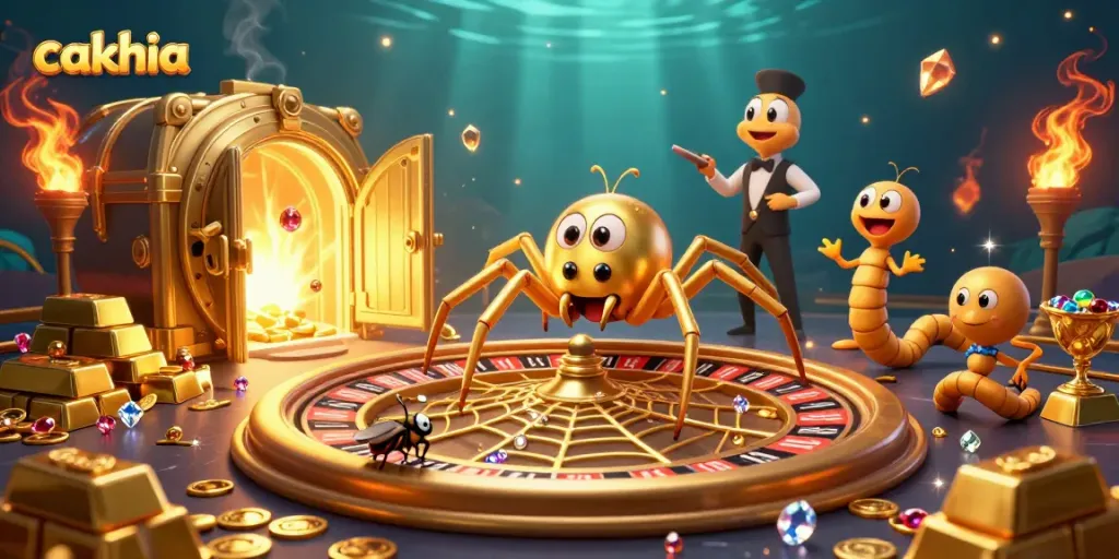 Cakhia spins excitement as a golden spider weaves a roulette wheel amidst treasures and game elements.