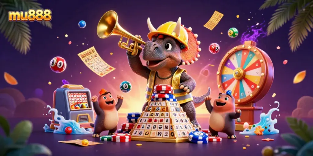 Experience the thrilling world of mu888 as a triceratops builds poker chip pyramids amid vibrant casino elements.