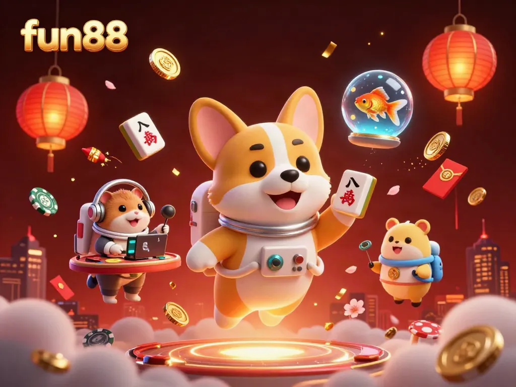 Experience fun88's exciting casino atmosphere with a 3D astronaut corgi, floating coins, and festive elements.