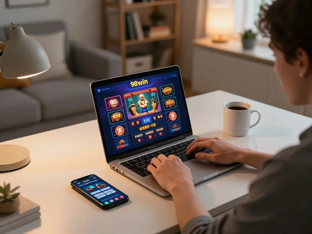 Player immersing in online casino gaming at 98win, showcasing responsible betting practices.