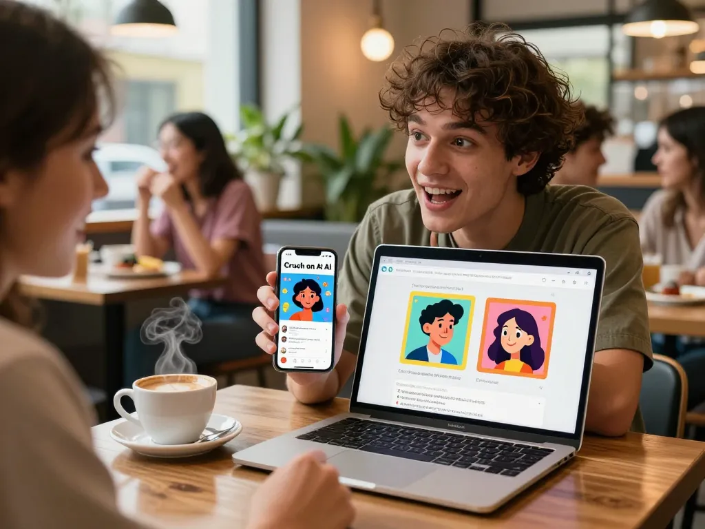 Man enjoying Crush on AI in a café with colorful avatars on smartphone screen.