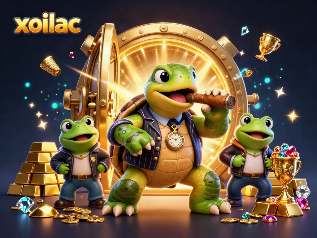 Experience the excitement of xoilac's unique casino scene with a 3D snapping turtle in a mobster suit, gold treasures, and vibrant energy.