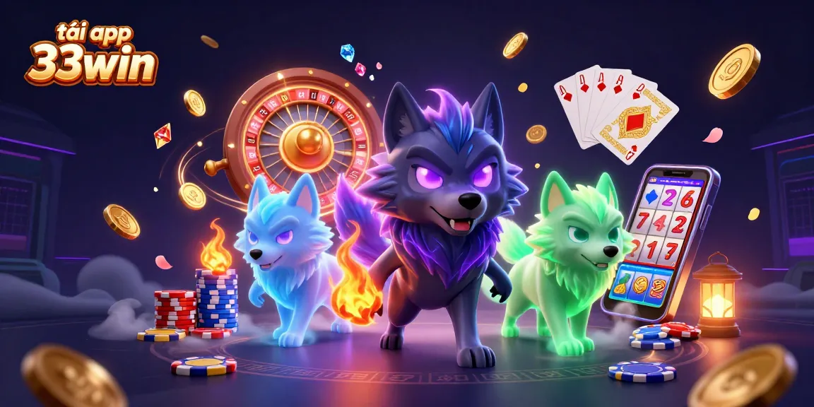 Tải app 33win to win with a lively scene of casino excitement featuring ghostly wolves and thrilling game elements.