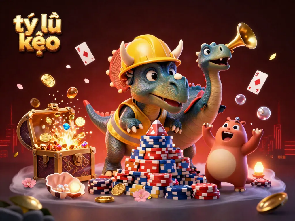 Experience the vibrant world of tỷ lệ kèo as a triceratops builds a poker chip pyramid amidst celebratory elements.