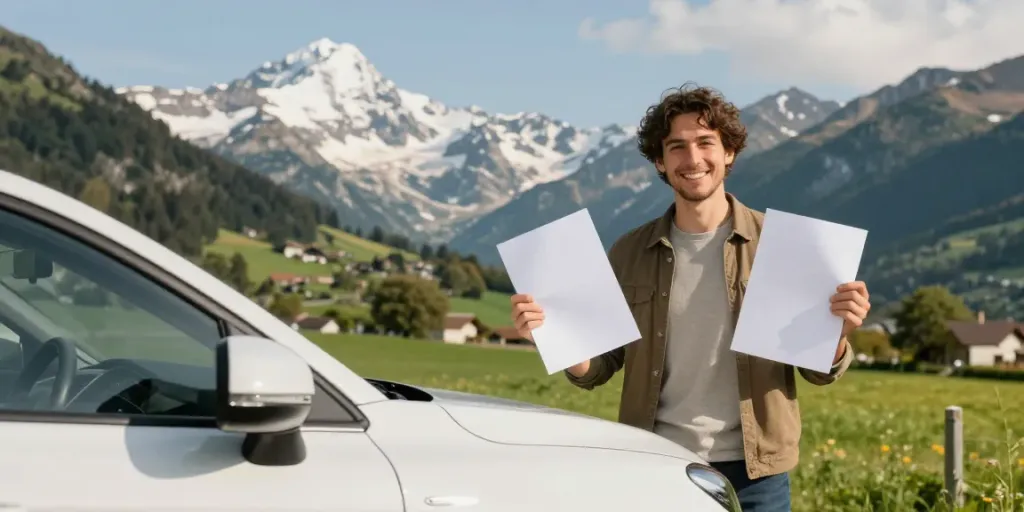 Importieren Ihres Autos aus der Schweiz in die UK: Glücklicher Fahrzeugbesitzer mit Dokumenten im Freien.