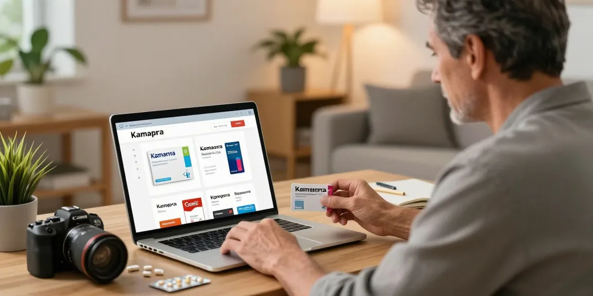 An inviting online pharmacy scene featuring a man exploring kamagra kaufen schweiz, emphasizing comfort and discretion in purchasing health products.
