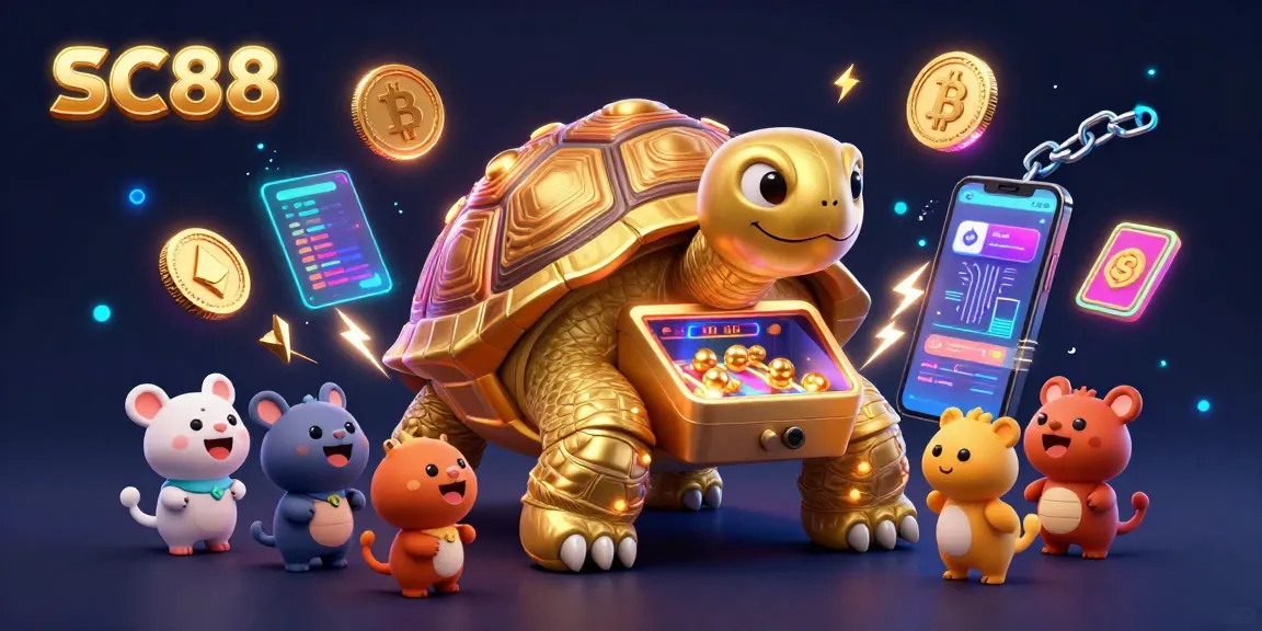 Play exciting games at SC88, featuring a colossal golden tortoise pinball machine with vibrant crypto elements.