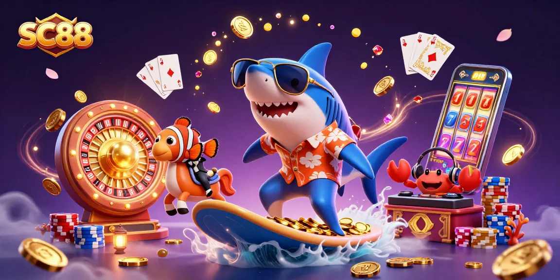 SC88 showcases a vibrant 3D casino scene featuring a hammer-head shark surfing on gold coins alongside lively characters.