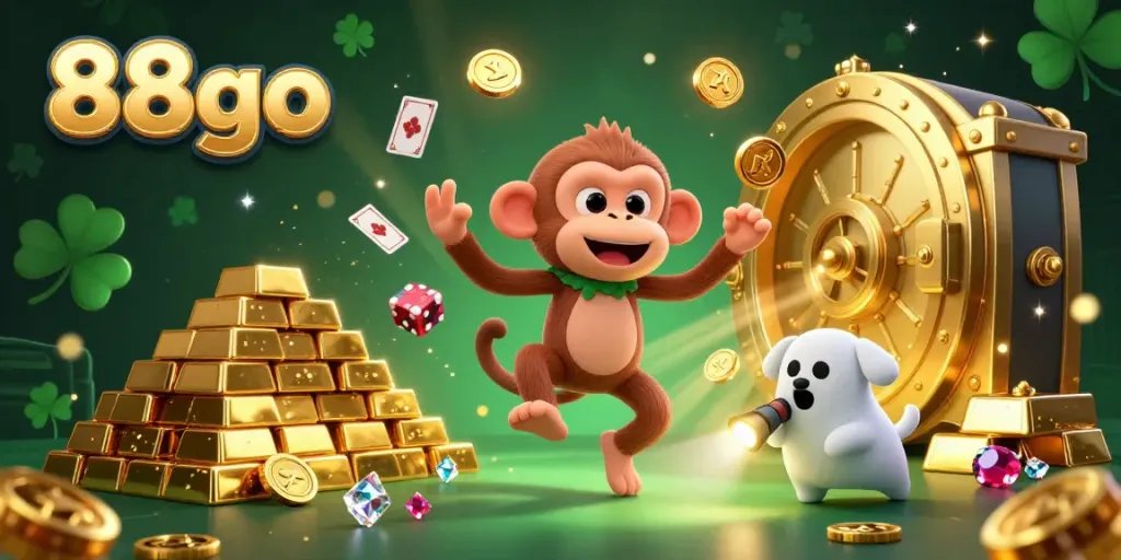Engage with the enchanting world of 88go as a playful monkey juggles golden treasures in a haunted casino.