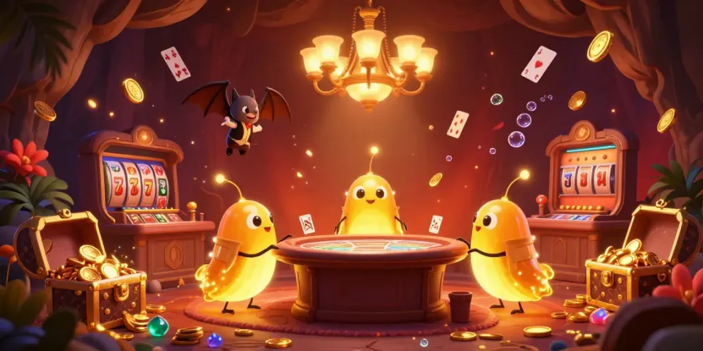Experience the exciting world of 888win with glowworms lighting up a vibrant casino scene full of gold coins and slot machines.
