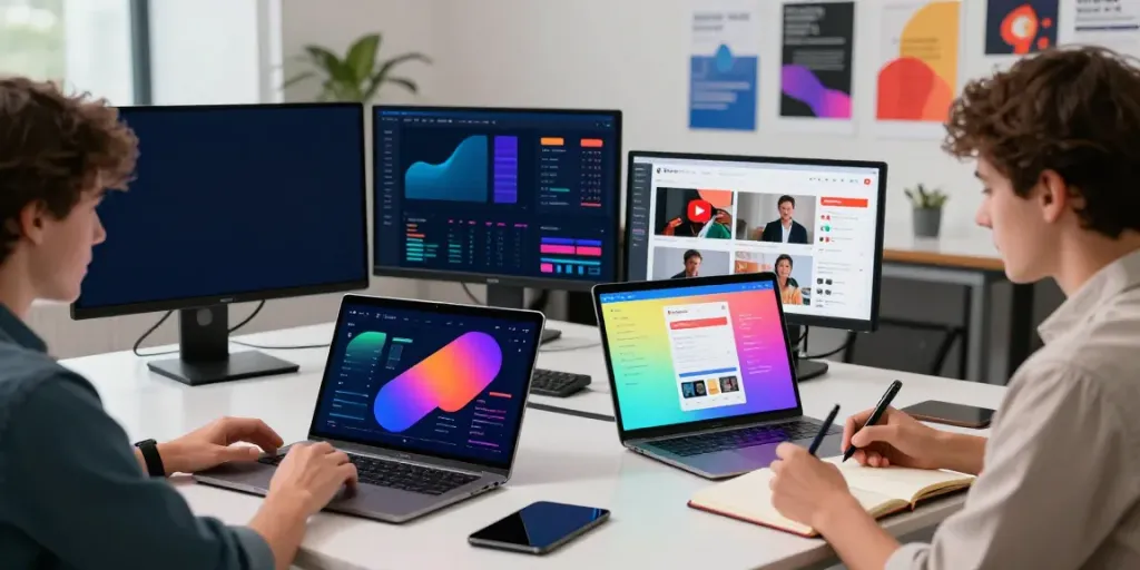 publicité YouTube avec influenceurs in a modern tech workspace displaying digital marketing analytics and influencer collaboration.