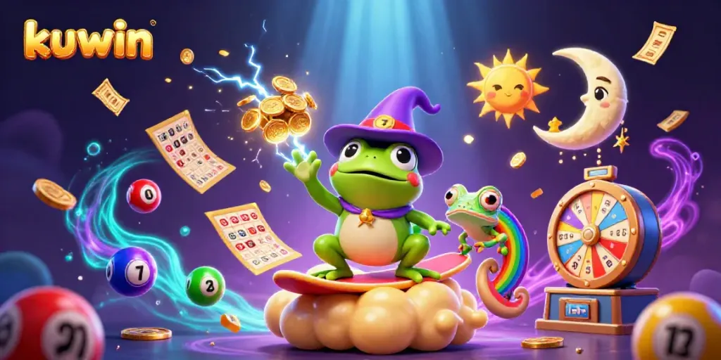 Kuwin's promotional illustration showcases a whimsical wizard frog amidst a vibrant casino-themed storm.